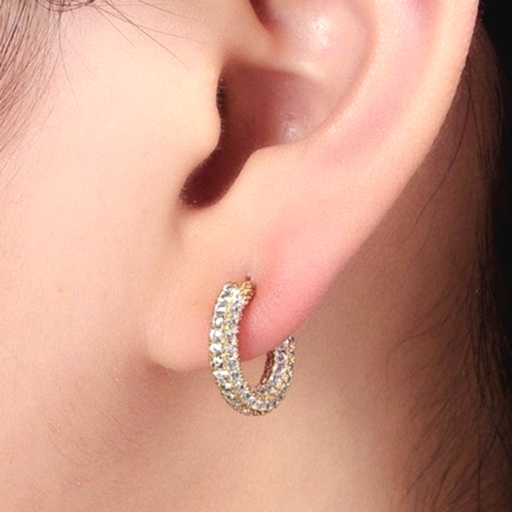 Gold Plated Copper Pave CZ Triple Row Huggie Hoop Earrings Chunky; NWOT